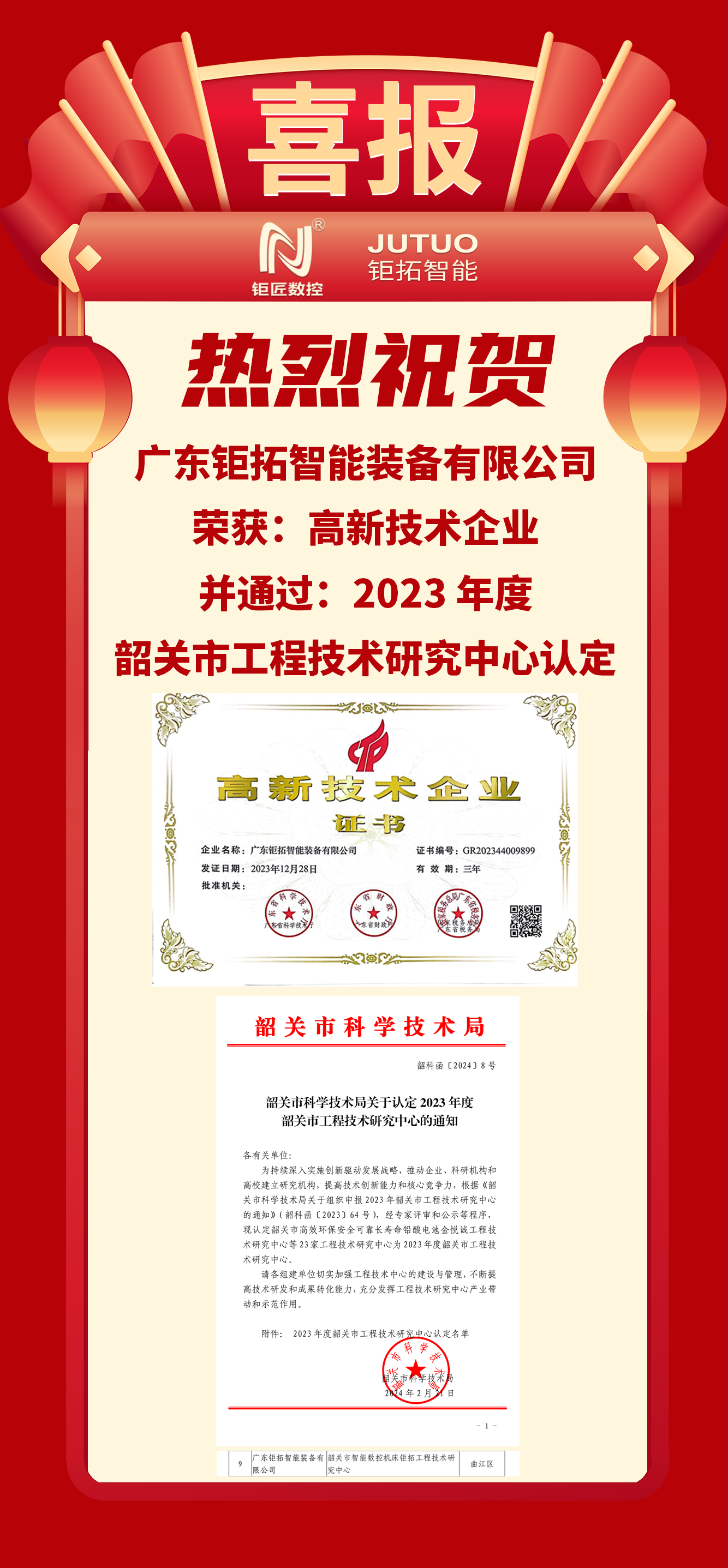 【喜报】Bevictor韦德官网数控韶关工厂荣获:高新技术企业、韶关市工程技术研究中心认定